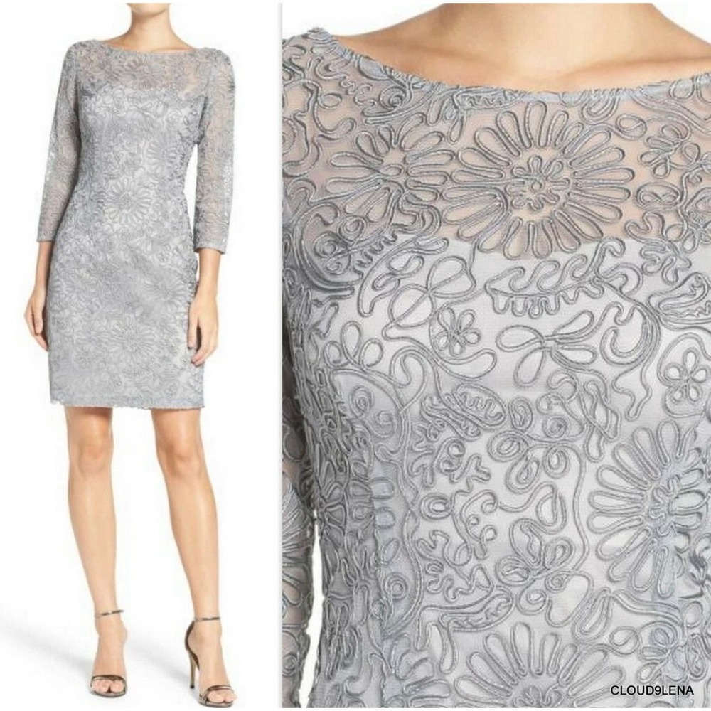 Aidan Mattox Dress 14 Silver Grey Embroidered Lace 3/4 Sleeve Sheath Cocktail